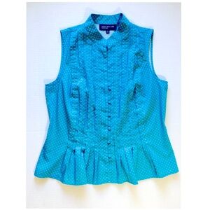 Jones New York Sleeveless Button Down Blouse Sz M Turquoise Polka Dot